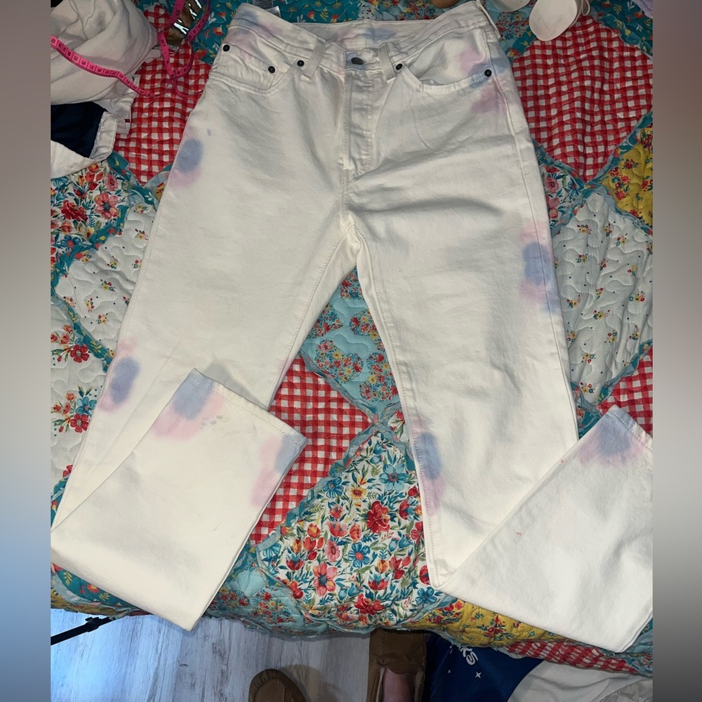 Levi's 501 White Jeans with Pink and Blue Accents size 27